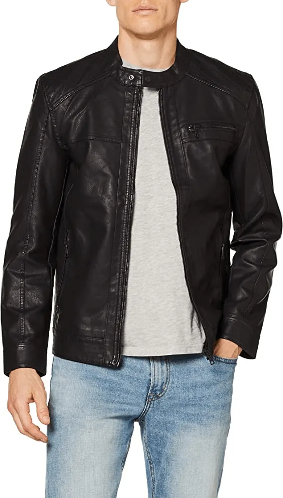 Leather look jacket with stand-up collar