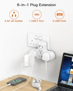 3 Way Plug Adapter UK, Plug Extension with 3 USB 