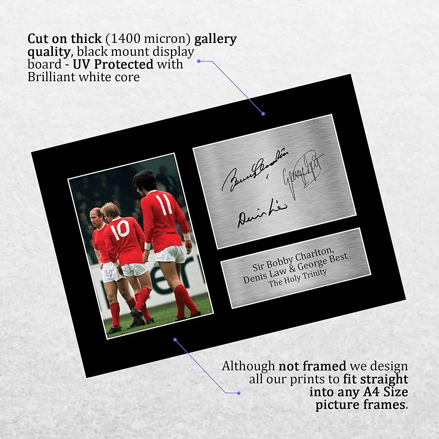 Denis Law, George Best & Bobby Charlton Gift Signed A4 Printed Autograph
