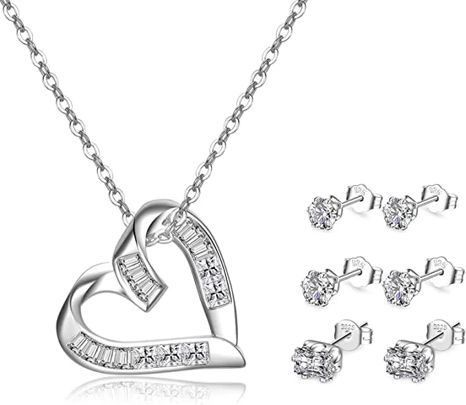 Silver Earrings and Necklace Set for Women Love Heart Necklace