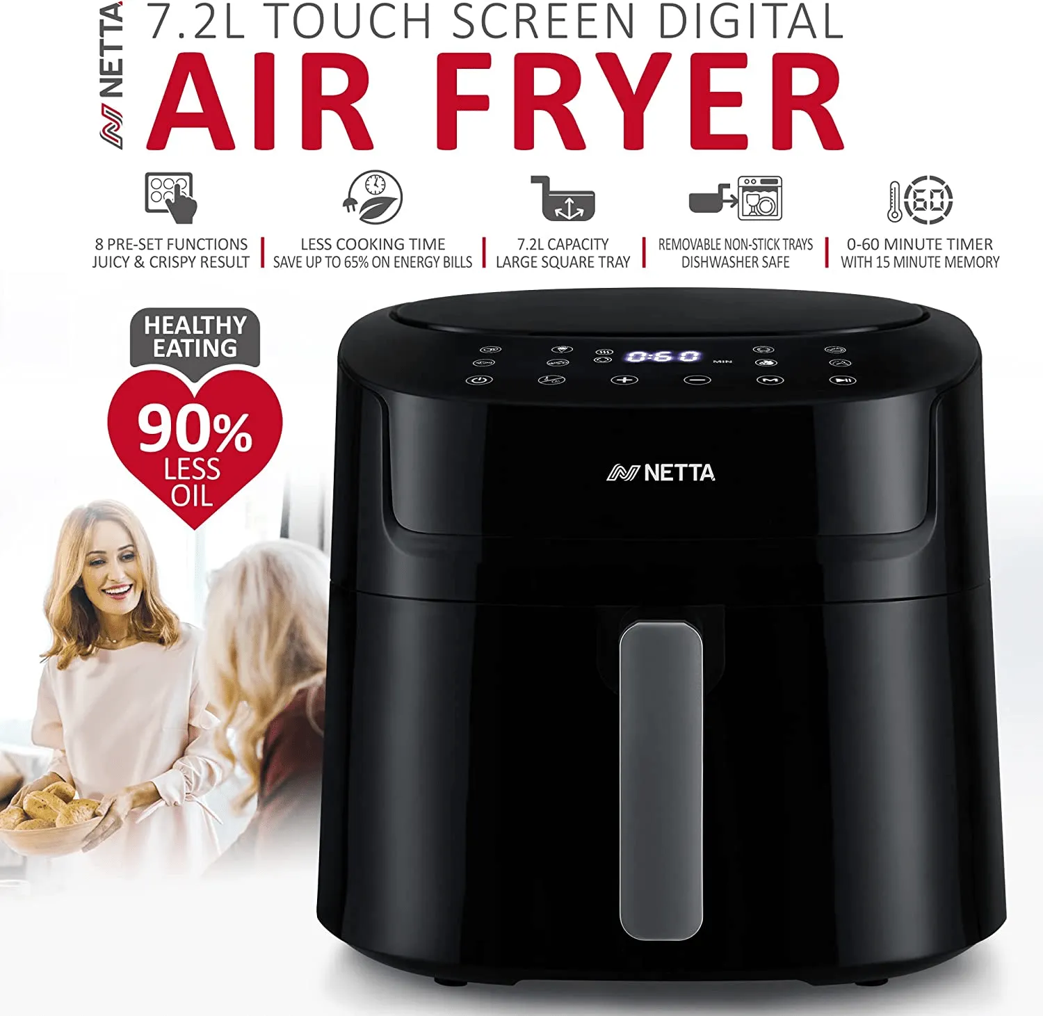 Air Fryer with Digital Screen and Adjustable Temperature and Timer