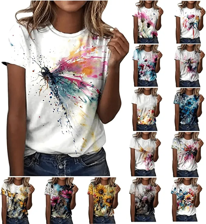 Ladies Fashion Summer Casual Flower Print O Neck Loose Short Sleeve T-Shirt