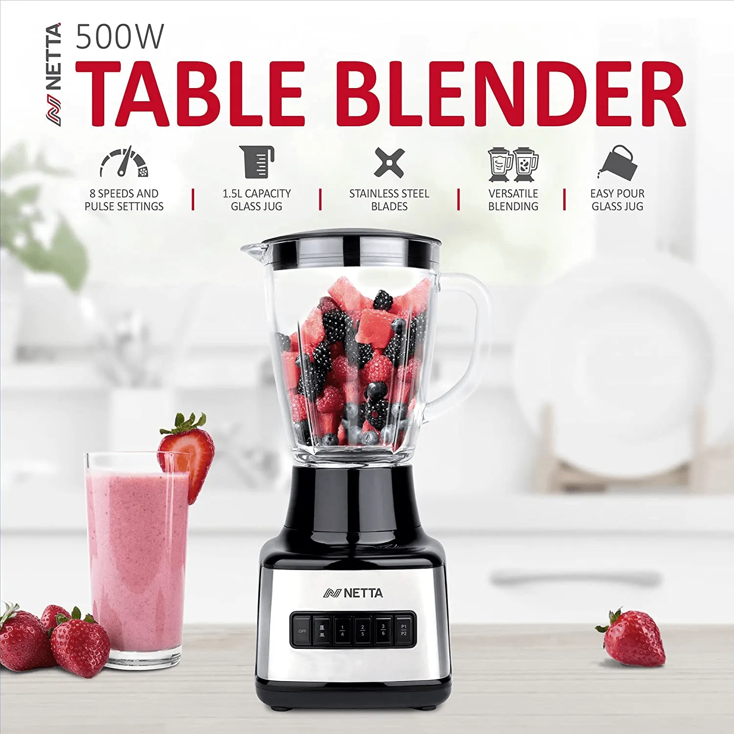 Blender Smoothie Maker with Glass Jug - Electric Mixer and Liquidiser