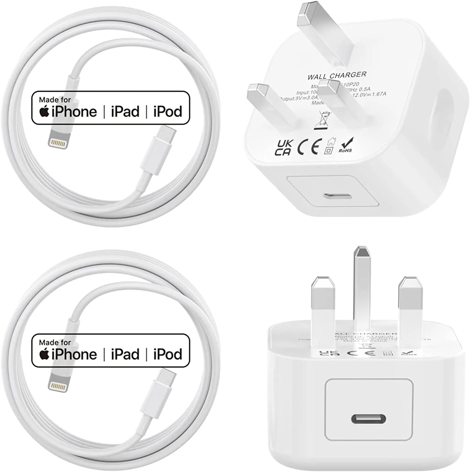 Double Pack of Fast Charger Plug with Cable for iPhone Charger Plug Wall