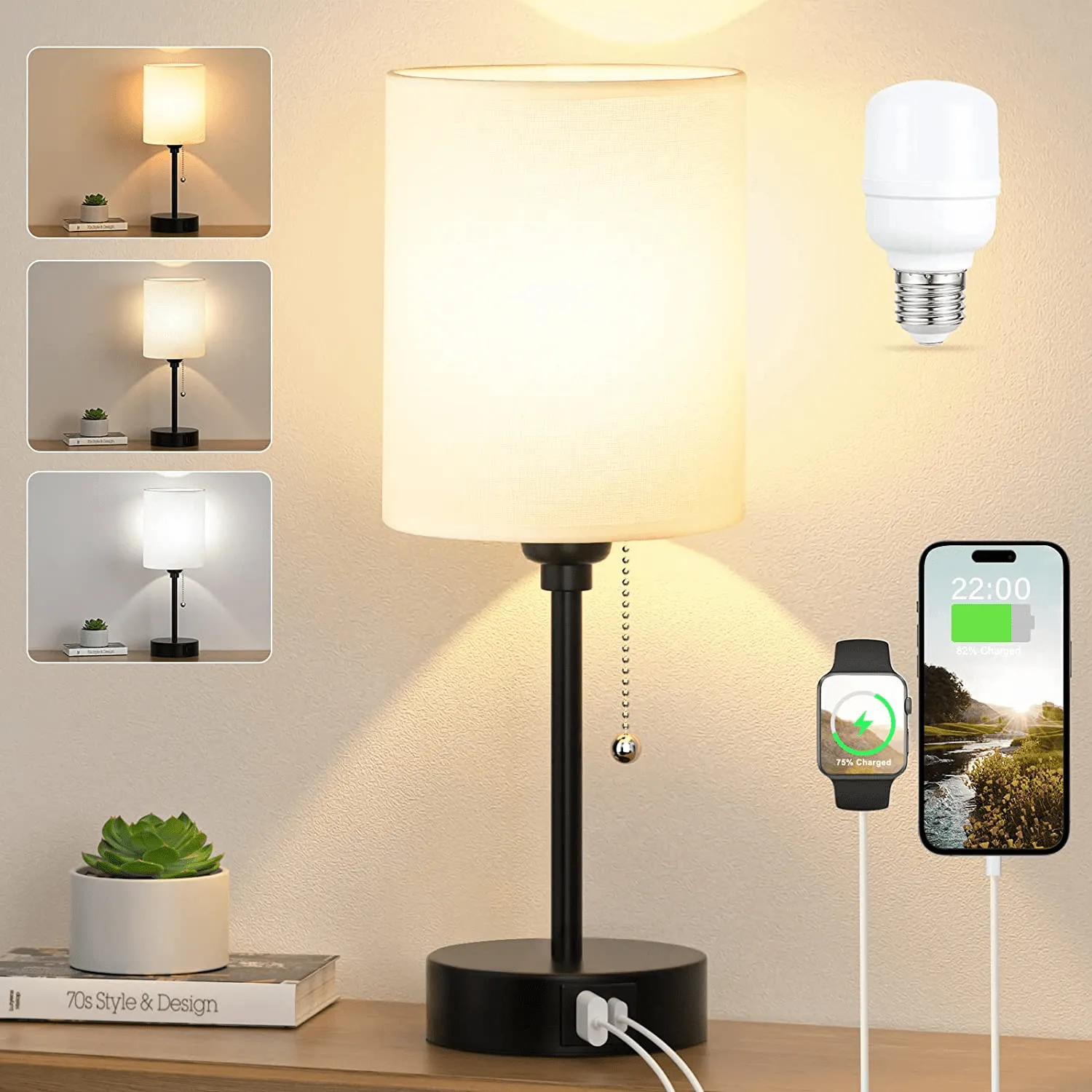 Small Table Lamp with Charging USB C and A Ports