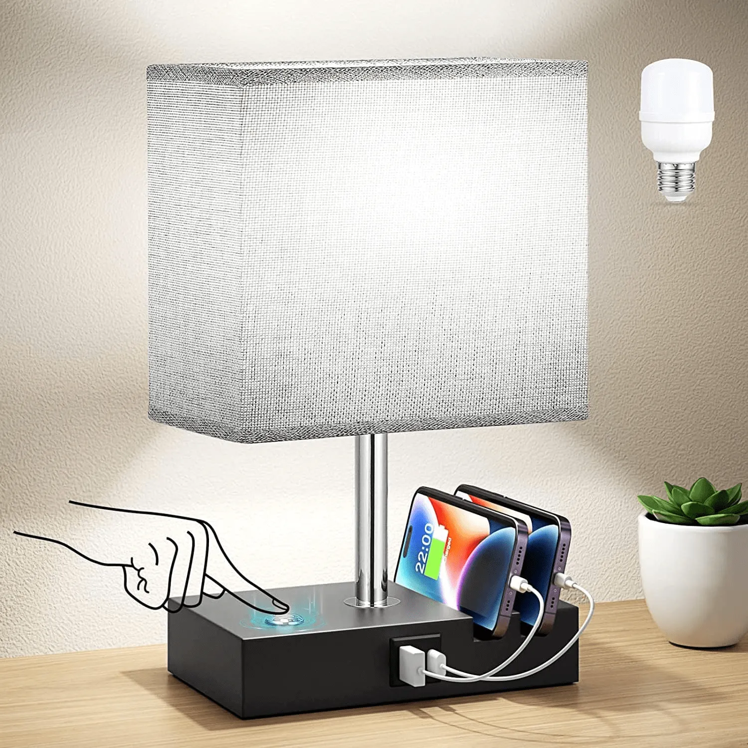 Touch Bedside Lamp with USB C and USB A Charging Ports