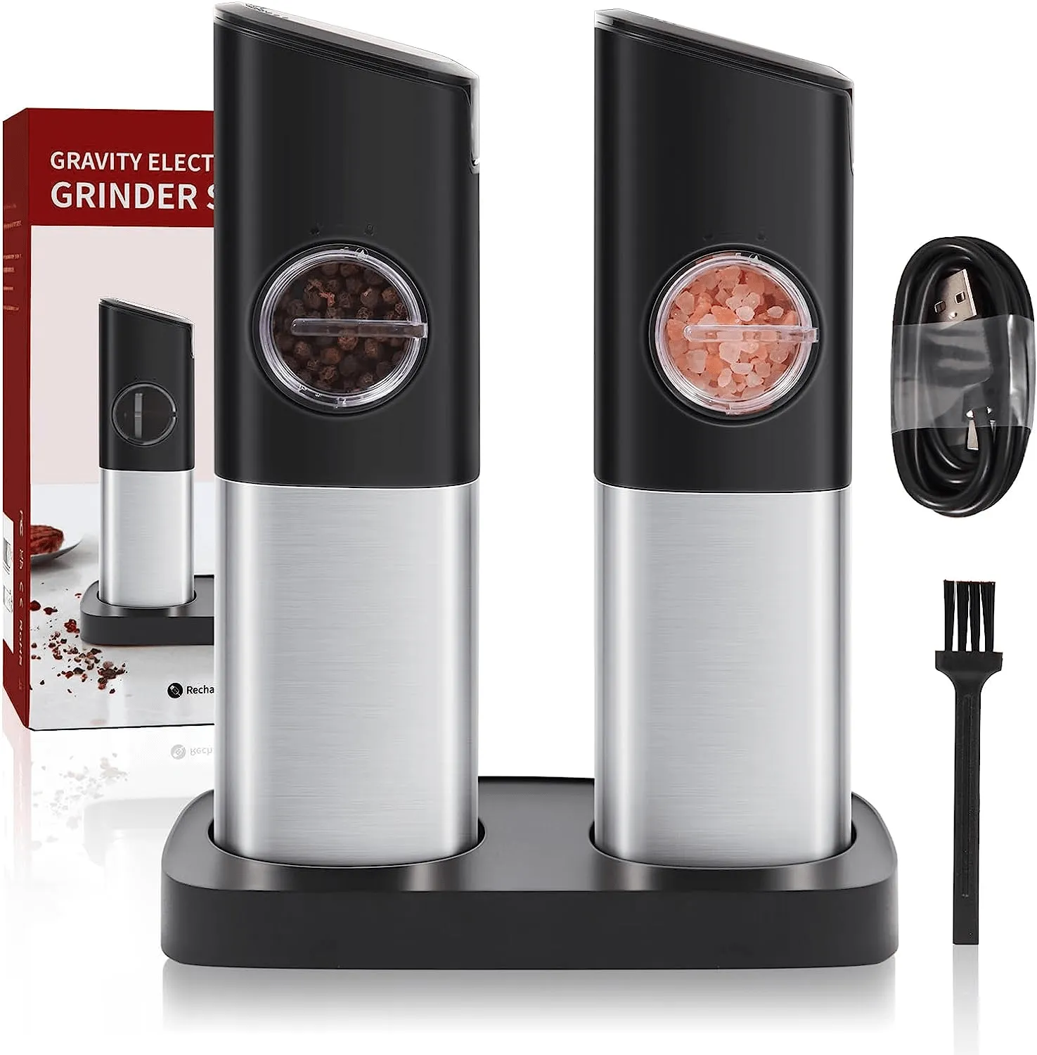 Electric Salt and Pepper Grinder Set with Wireless Recharging Base