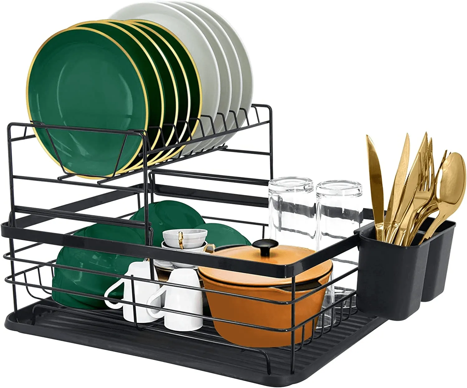 Black Dish Dryer Rack with Removable Drip Tray for Kitchen