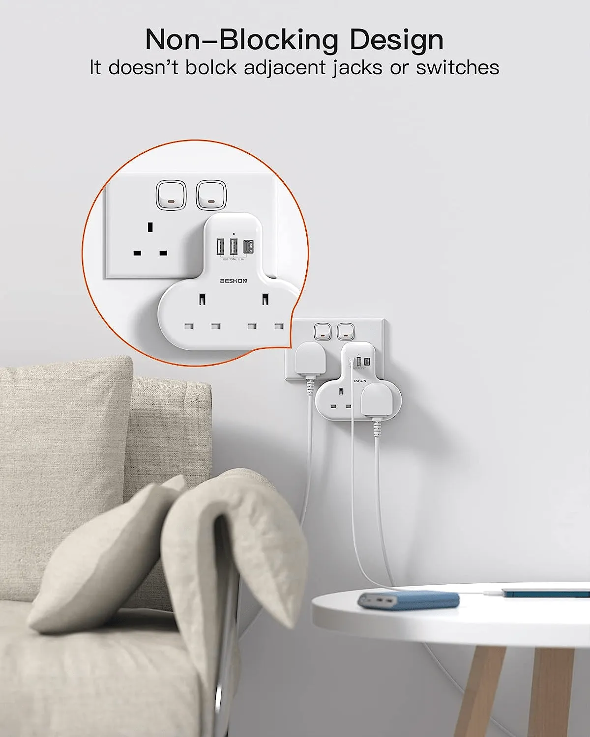 Double Plug Extension with three USB Ports