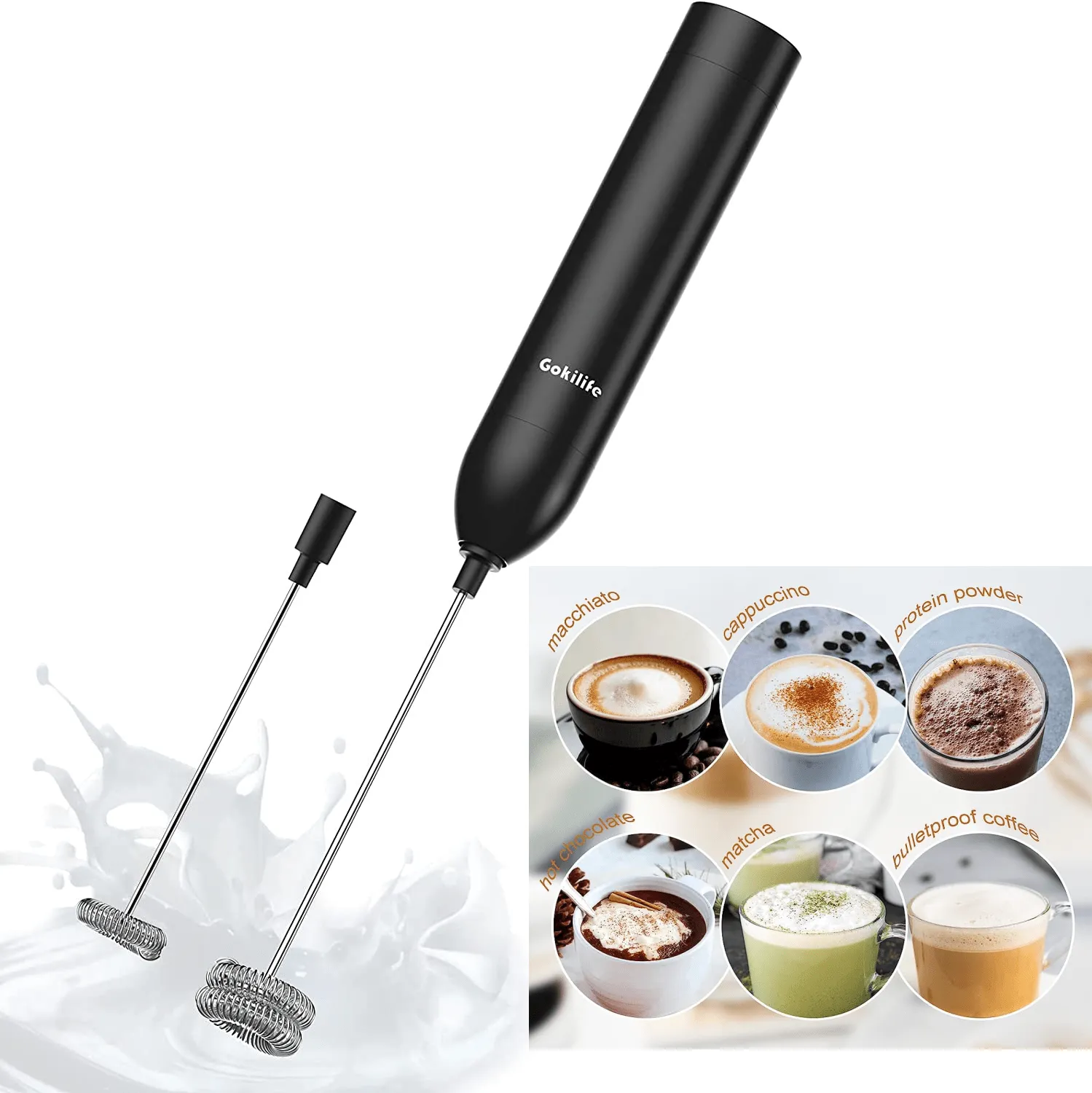 Milk Frother Electric with Single and Double Spring Whisk Head