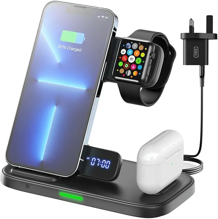 Wireless Charging Stand with Clock and Sleep-friendly Adaptive Light with Plug