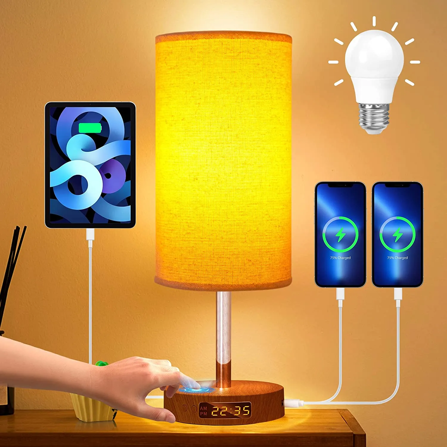 Dimmable Bedside Touch Lamp with Clock and USB charging port