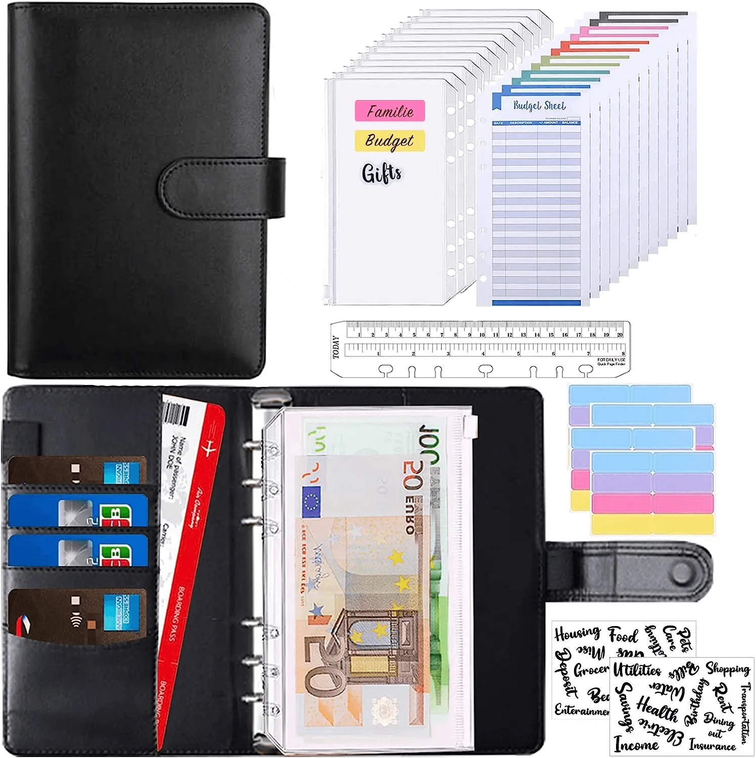 Leather Cash Binder Money Saving Wallet with Clear Cash Envelops