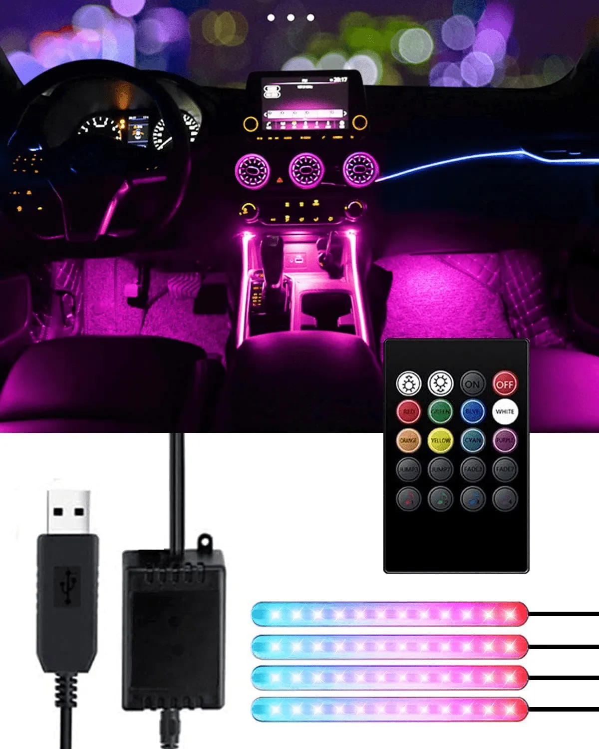 Interior Car Strip LED Lights with Sound Sensor and Remote Control