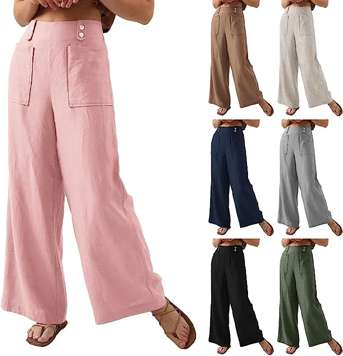 Linen High Waist Straight Wide Leg Pants with Pockets