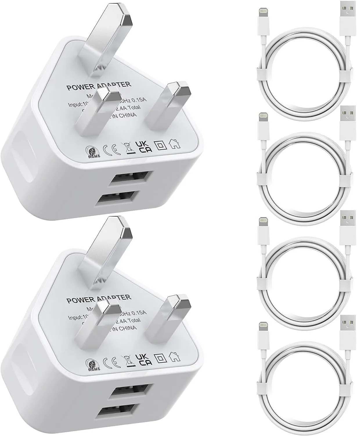 Dual Pack Dual USB Wall Charger Plug with four Pack Cables
