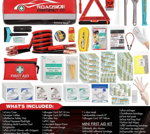 Roadside Car Emergency Kit Include Mini First Aid Kit Jumper Cables Tow Rope