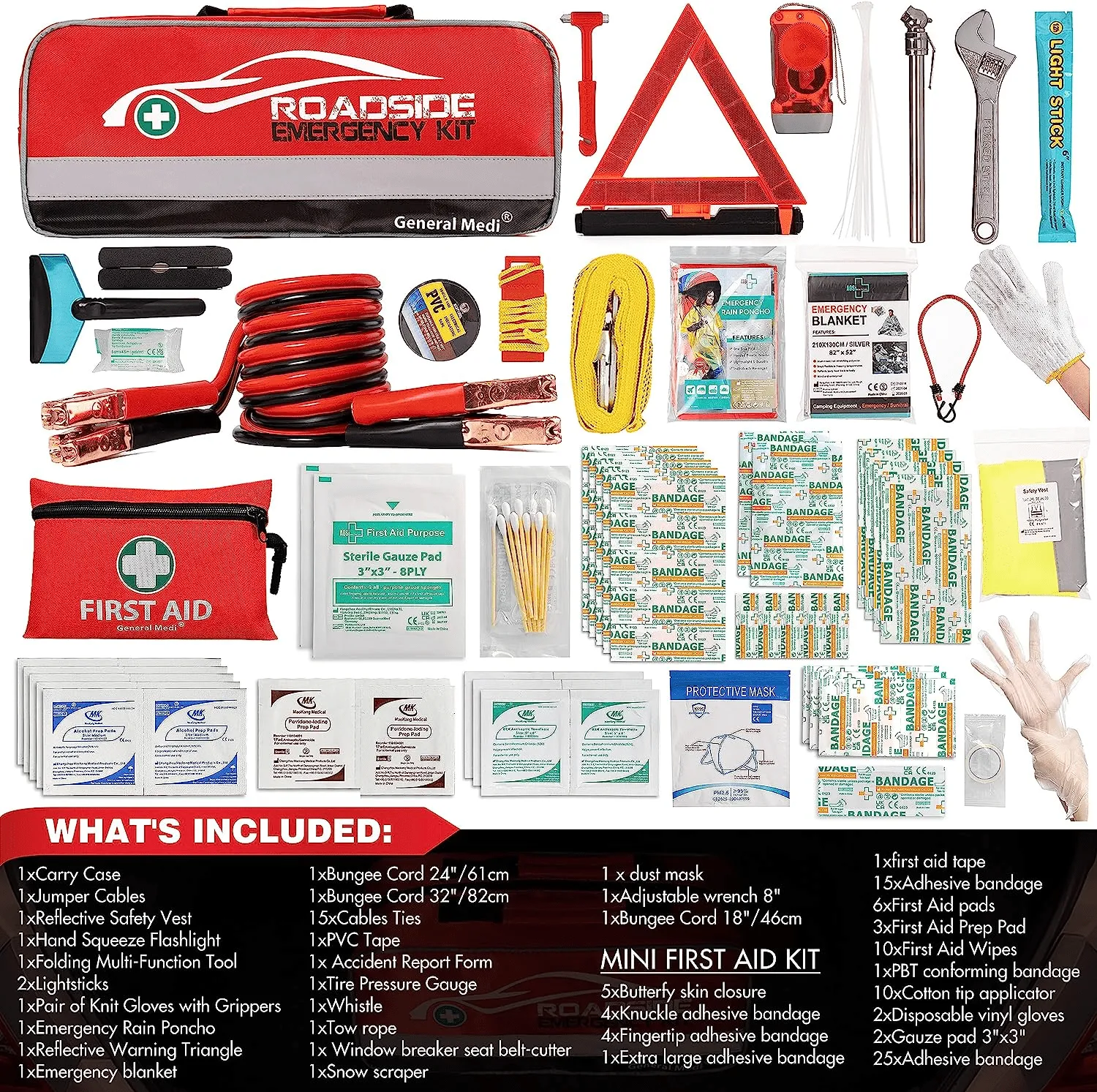 Roadside Car Emergency Kit Include Mini First Aid Kit Jumper Cables Tow Rope