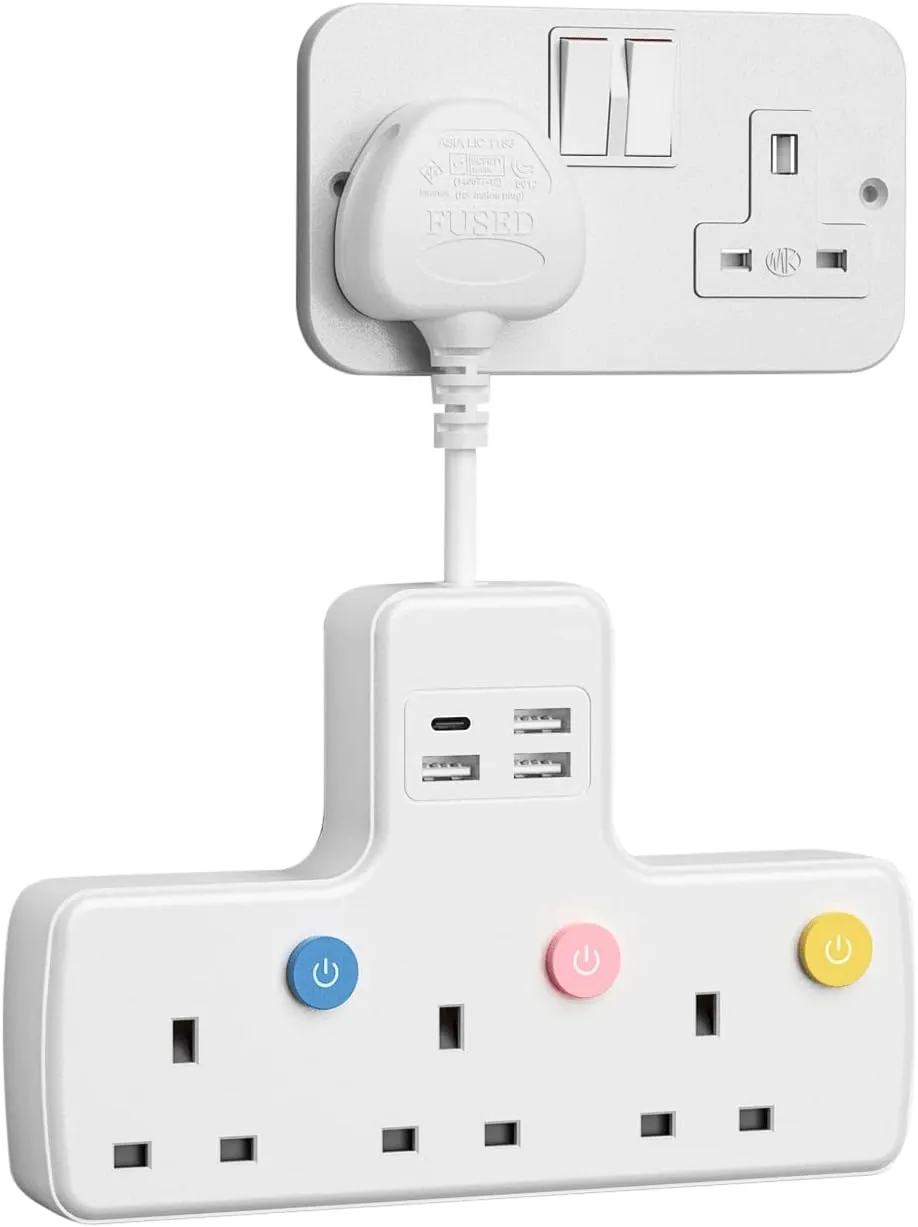 Plug Adapter with USB C Individual Switched Socket Extension