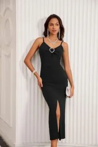 Evening Club Long Dress for Women V-Neck Front Slit Ruched Bodycon Spaghetti Dress