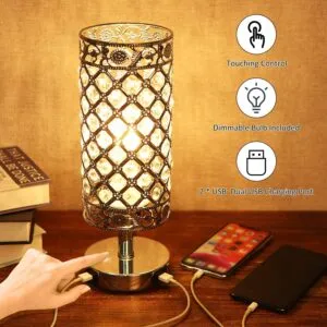 Illuminate Your Space: 3-Way Dimmable Crystal Bedside Lamp with USB Ports