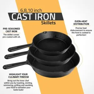 Versatile Pre-Seasoned Cast Iron Skillet Set (3 Pcs) - 10", 8", 6" - Heavy-Duty Pans for Home and Outdoor Cooking