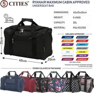 Travel Smart: 5 Cities 40x20x25 Ryanair Maximum Sized Carry On Holdall in Stylish Black