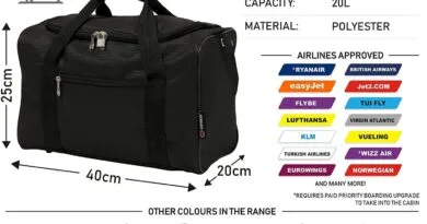 Travel Smart: 5 Cities 40x20x25 Ryanair Maximum Sized Carry On Holdall in Stylish Black