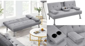 Try the Comfort of Yaheetech’s Fabric Click Clack Sofa Bed with Cup Holders