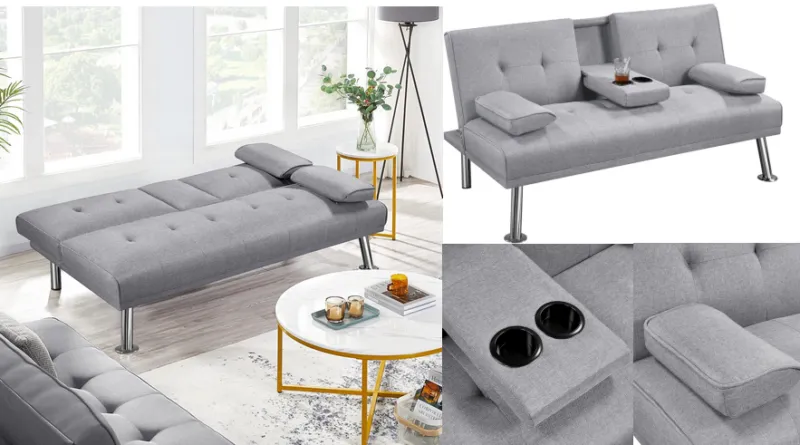 Try the Comfort of Yaheetech’s Fabric Click Clack Sofa Bed with Cup Holders