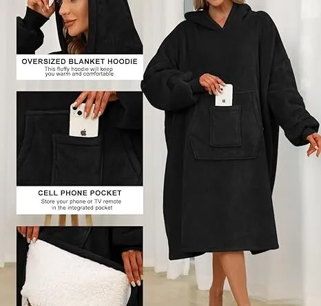 Hoodie Blanket Oversized Wearable Blanket Sherpa Fleece Hoodie with Giant Pocket Sleeves