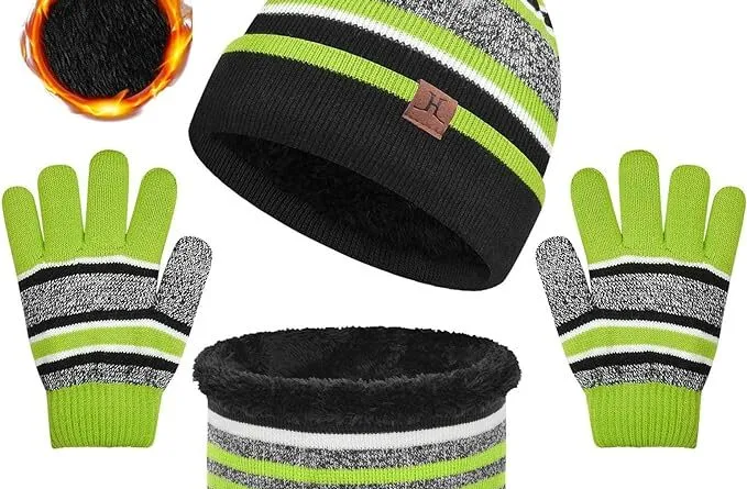 Yuson Girl 3 Pcs Kids Winter Stripe Knitted Bobble Beanie Hat Snood Scarf Gloves Set: The Perfect Winter Gift for Your Kids