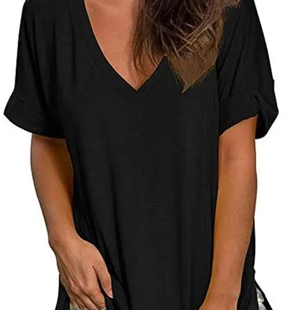 Voqeen Womens Short Sleeve T-Shirt V Neck Basic Summer Tee Tops Ladies Solid Casual Loose Shirts