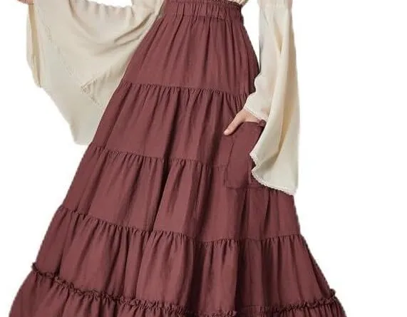 SCARLET DARKNESS Women Renaissance Maxi Skirt Elastic High Waist Tiered Skirt Vintage Swing Skirts with Pockets