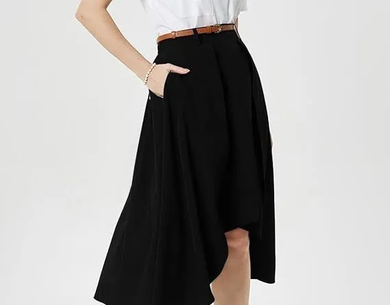 Belle Poque Women Vintage A-Line Skirt High Waisted Skirt with Pockets&Belt Casual Daily Holiday Swing Skirt