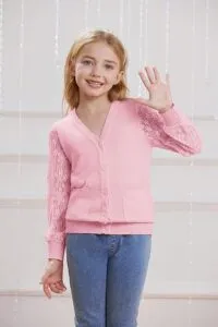 GRACE KARIN Girls' Summer Long Sleeve Cardigan V-Neck Cardigan Children's Knitted Top 6-12 Years