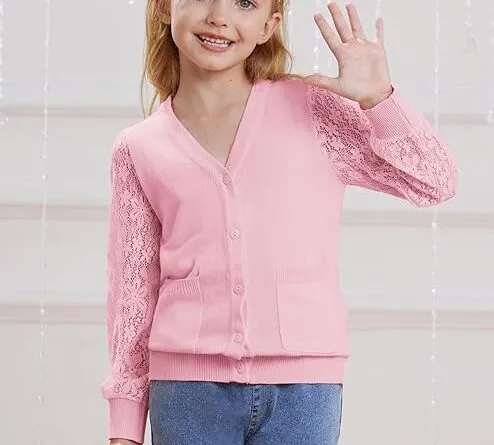 GRACE KARIN Girls' Summer Long Sleeve Cardigan V-Neck Cardigan Children's Knitted Top 6-12 Years