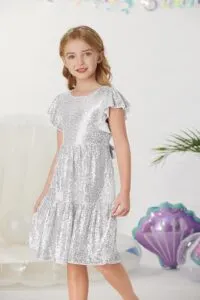 GRACE KARIN Girls Sequin Dress Short Sleeve Round Neck Princess Dress with Bow Festive A-line Dress 6-12 Years