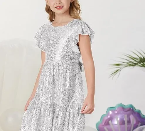 GRACE KARIN Girls Sequin Dress Short Sleeve Round Neck Princess Dress with Bow Festive A-line Dress 6-12 Years