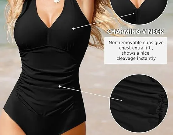 One Piece Swimming Costume Ruched Padded Swimsuit V Neck Push Up