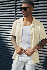 PJ PAUL JONES Men's Short Sleeve Casual Shirt Button Down Cuban Shirts Wrinkle-Free Shirts Summer Holiday Beach Shirts