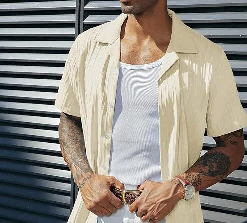 PJ PAUL JONES Men's Short Sleeve Casual Shirt Button Down Cuban Shirts Wrinkle-Free Shirts Summer Holiday Beach Shirts