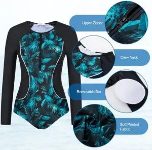 JASAMBAC One-Piece Rash Guard Swimsuits for Women Uv UPF 50+ Ladies Swimming Costumes with Removable Pads Zip UP Surf Suit Long Sleeves Modest Swimwear Elastic Swim Bodysuits Bathing SuitTitle: