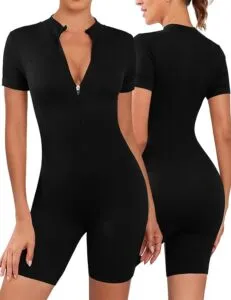 Svanco Short Sleeve Jumpsuit Women Ribbed Playsuit Zip Up Unitard Bodycon Sport Shorts Riding Romper Casual Workout Bodysuit For Women UK S-L