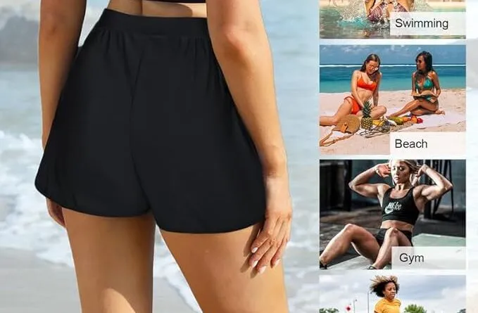 JASAMBAC Swim Shorts Women Lined Board Shorts Quick Dry Swim Trunks Ladies Swimming Leggings with Pockets Tummy Control Beach Shorts Cycling Shorts Running Shorts Gym Shorts