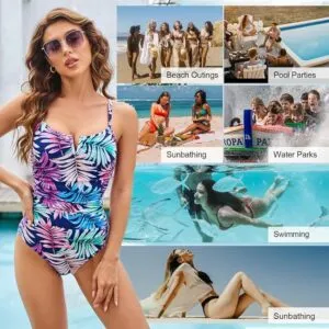 Women's One Piece Tummy Control Swimwear Vintage Swimming Costumes V-Wired & Floral Swimsuit Soft Elastic Bathing Suits Padded Monokinis With Adjustable Shoulder Strap For Beach,Sunbathing,Pool