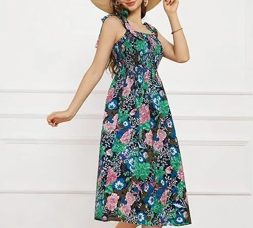 GRACE KARIN Women's Summer Sleeveless A-Line Floral Dress Spaghetti Strap Smocked Dress Beach Dress