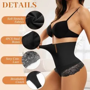 Vancavoo Women Tummy Control Thongs High Waisted Lace Shapewear Thong Body Shaper Knickers Seamless Slimming Shaping Underwear Butt Lifter Invisible Panties