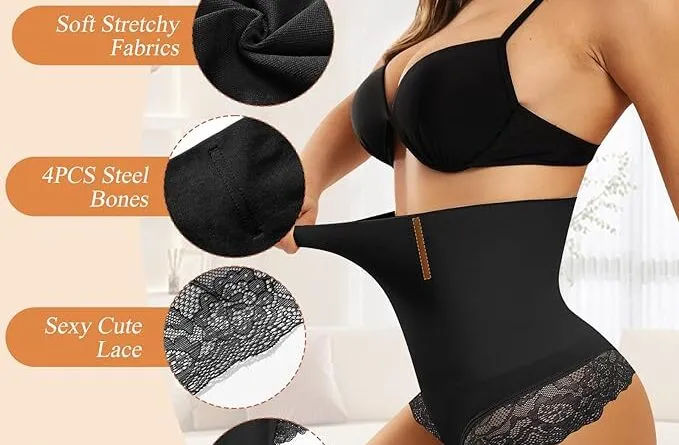 Vancavoo Women Tummy Control Thongs High Waisted Lace Shapewear Thong Body Shaper Knickers Seamless Slimming Shaping Underwear Butt Lifter Invisible Panties