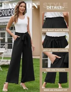 CMTOP Wide Leg Trousers for Women UK Summer Palazzo Pants Elasticated High Waisted Straight Leg Trousers Lightweight Comfy Elegant Work Trousers with Pockets for Daily Shopping Beach